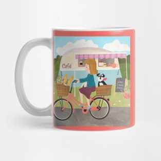 The caravan cafe with a lady on a Dutch bike with shopping and a dog Mug